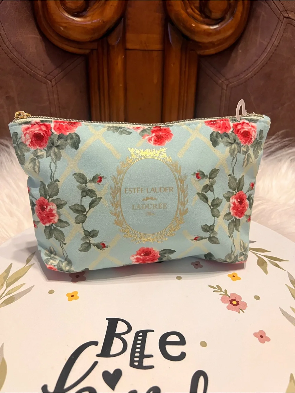 Estee Lauder Floral Cosmetic Pouch in Mint with Red Roses